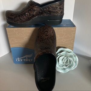 Brown Patent Tooled Dansko Clogs Shoes